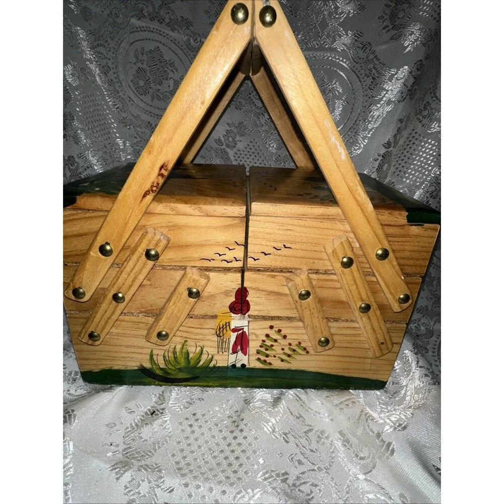 VTG Wood Fold-Out Sewing Box Hand Painted Mexico Double Handle Small 3 Tier